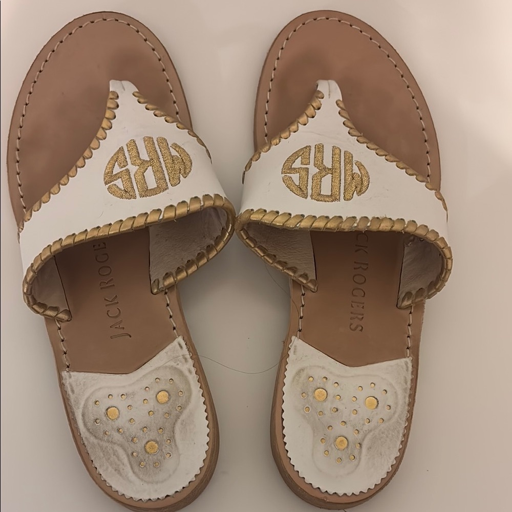 Jack Rogers White and Gold Sandals Classic Thong Design